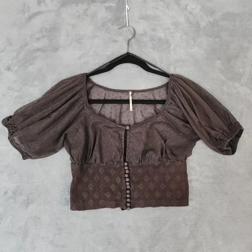 Free People Brown Milkmaid Blouse Puff Sleeves Crop Cottagecore coquette twee XS